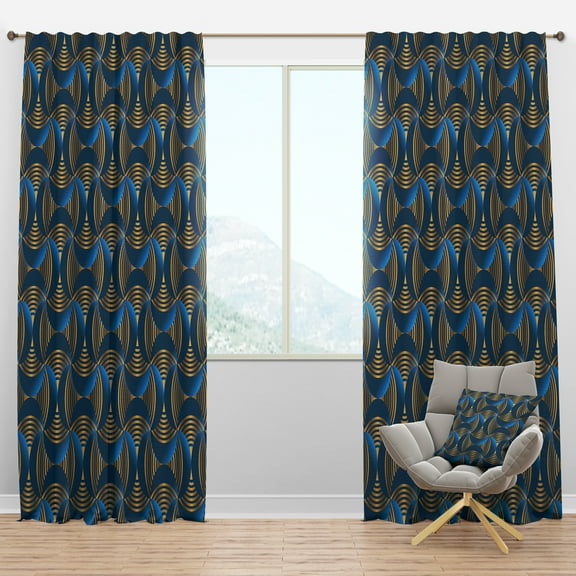 Designart 'Geometric Abstract Waves in Marine Blue and Gold' Mid-Century Modern Blackout Curtain Panel