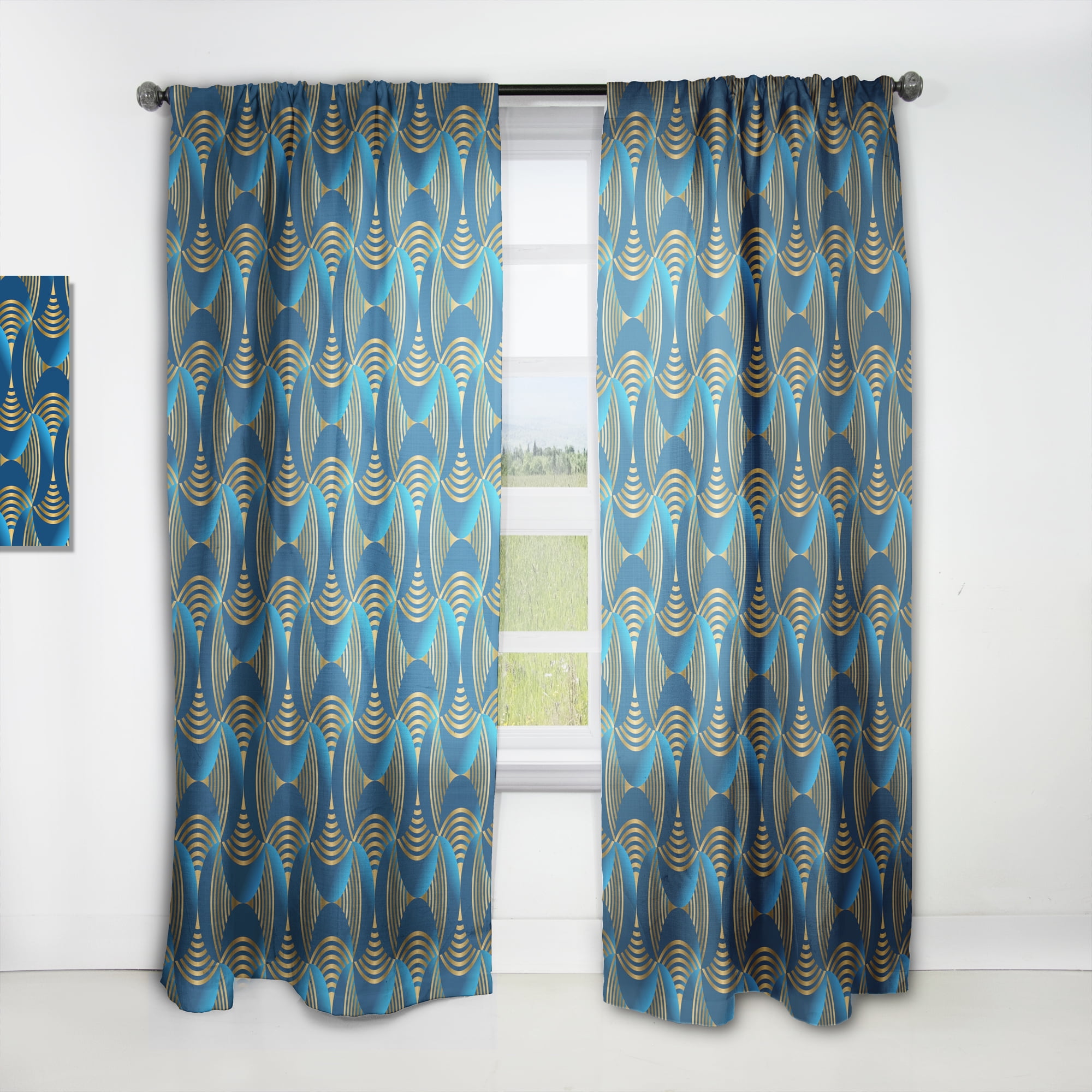 Designart 'Geometric Abstract Waves in Marine Blue and Gold' Mid-Century Modern Curtain Panel