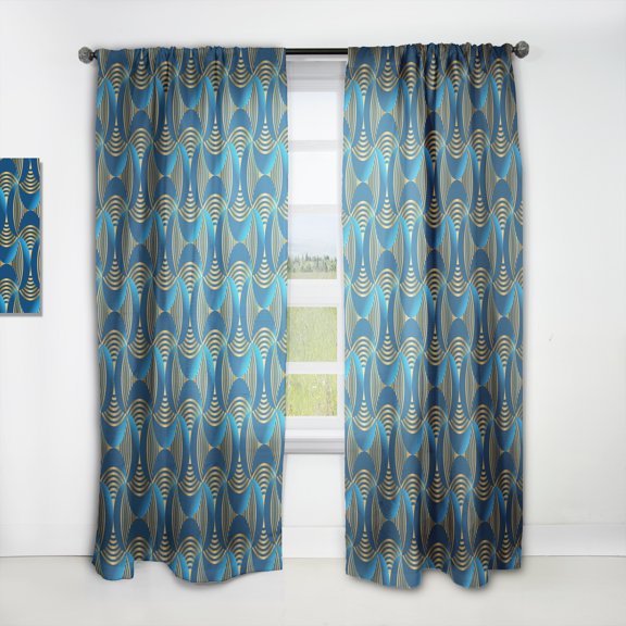 Designart 'Geometric Abstract Waves in Marine Blue and Gold' Mid-Century Modern Curtain Panel