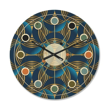 Designart 'Geometric Abstract Waves in Marine Blue and Gold' Mid-Century Modern Wood Wall Clock