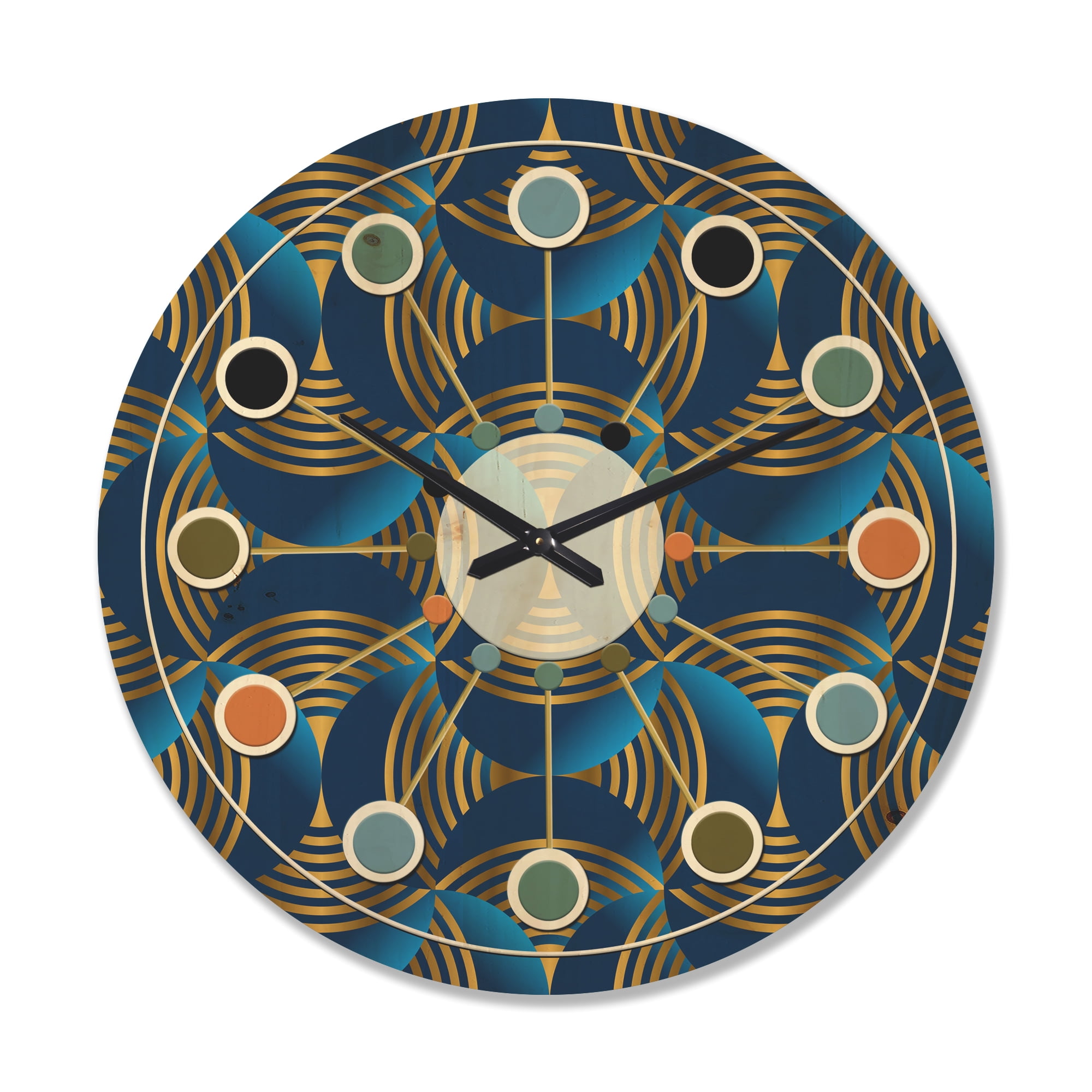 Designart 'Geometric Abstract Waves in Marine Blue and Gold' Mid-Century Modern Wood Wall Clock