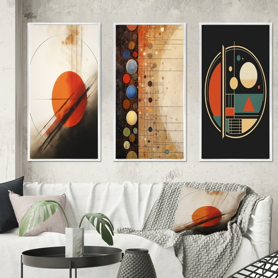 Designart "Geometric Abstraction Red Full Moon in Midcentury Style" Modern Midcentury Framed Wall Art Set Of 3 - Gold Abstract Midcentury Frame Canvas Set For Living Room Decor
