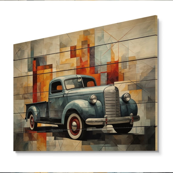 Designart "Geometric Abstraction The Pickup Truck I" Transportation Print on Natural Pine Wood