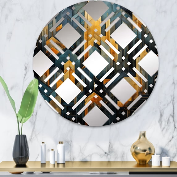 Designart "Geometric Arches in Black and Gold" Abstract Shapes Plaid Round Wall Mirror - Abstract Oval Printed Decorative Mirror - Multiple Color Options
