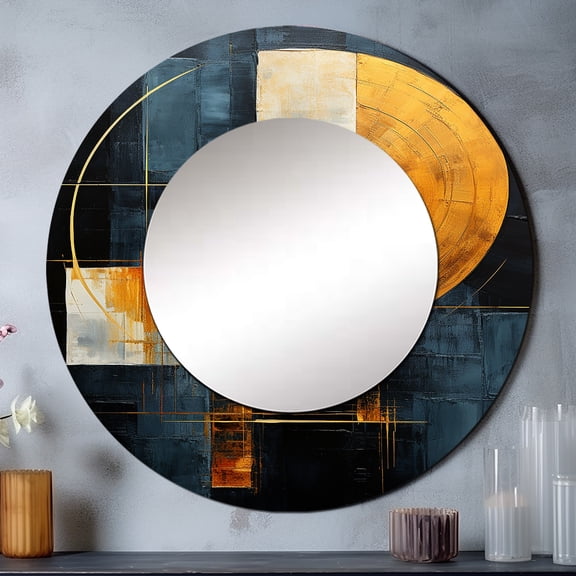 Designart "Geometric Arches In Black And Gold" Abstract Shapes Gold Large Round Mirror - Round Bedroom Mirror Wall Decor - Modern Round Printed Mirror - 23" x 23"