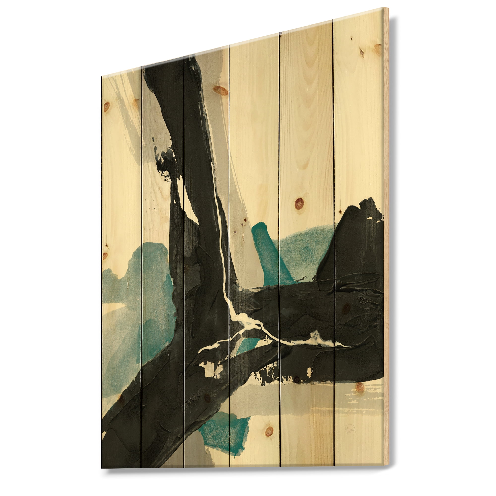 Designart 'Geometric Black and Teal III' Modern & Contemporary Print on Natural Pine Wood