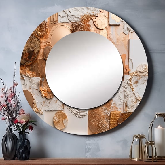 Designart "Geometric Elegance Gold and White I" Modern Geometric Gold Large Round Mirror - Round Bedroom Mirror Wall Decor - Modern Round Printed Mirror - 23" x 23"