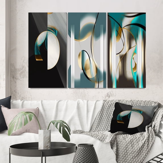 Designart "Geometric Elegance Unveiled in Gold Teal" Modern Geometric Wall Art Set Of 3 - Gold Abstract Gallery Set For Office Decor