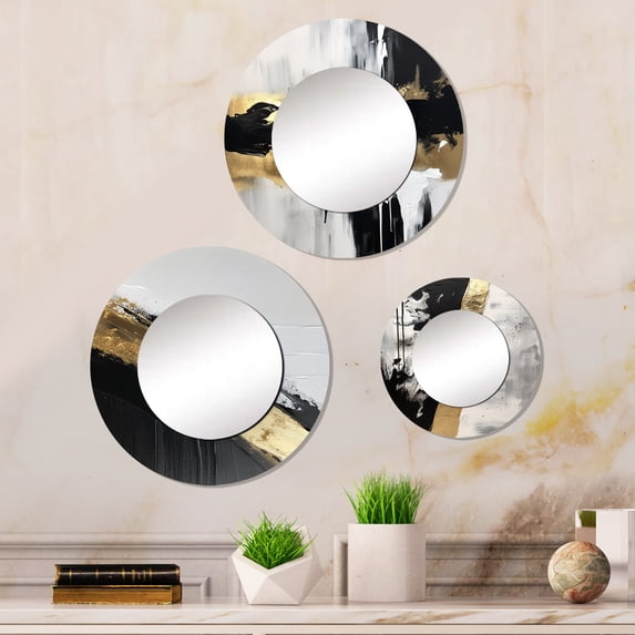 Designart "Geometric Essence Minimalist Abstract Painting in Gold" Abstract Round Mirror Set of 3 - Modern Gold Round Bedroom Mirror Wall Decor Set