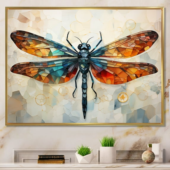 Designart "Geometric Flight Orange Dragonfly I" Animals Floater Framed Wall Art Living Room