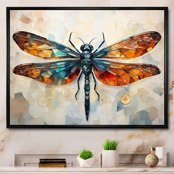 Designart "Geometric Flight Orange Dragonfly I" Animals Floater Framed Wall Art Living Room