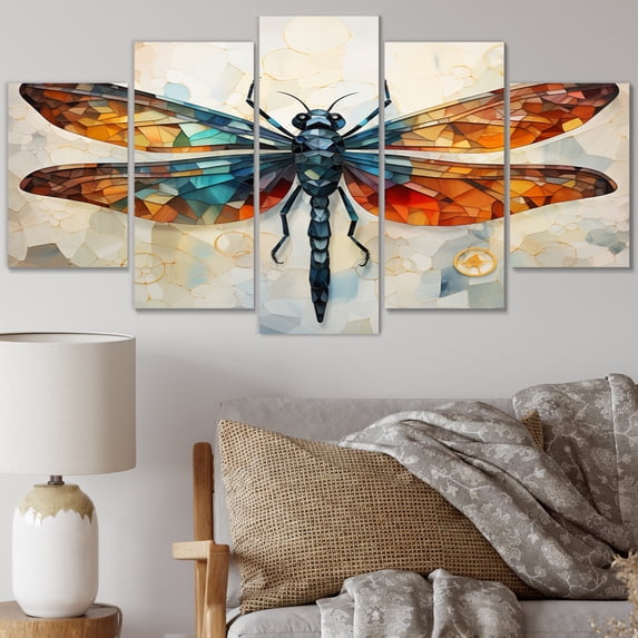 Designart "Geometric Flight Orange Dragonfly I" Animals Metal Art Print Set