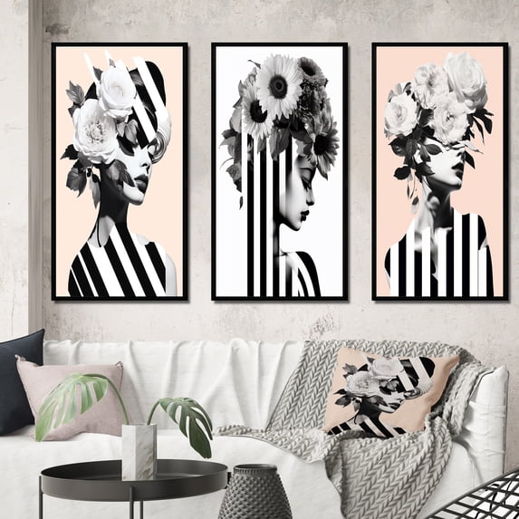 Designart "Geometric Floral Elegance Pink Vintage Minimalism I" Fashion Woman Framed Wall Art Set Of 3 - Pink Glam Frame Gallery Set For Office Decor