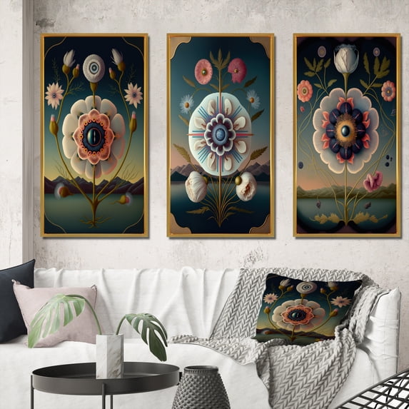 Designart "Geometric Flower Art Vibrant Blossoms I" Floral Framed Wall Art Set Of 3 - White Traditional Frame Canvas Set For Living Room Decor