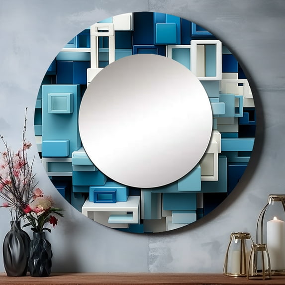 Designart "Geometric Focus Op Art Blue" Abstract Rund Mirror For Wall Decor - Large Blue Round Print Mirror - Round Modern Mirror - Wall Mounted Round Large Mirror - 23" x 23"