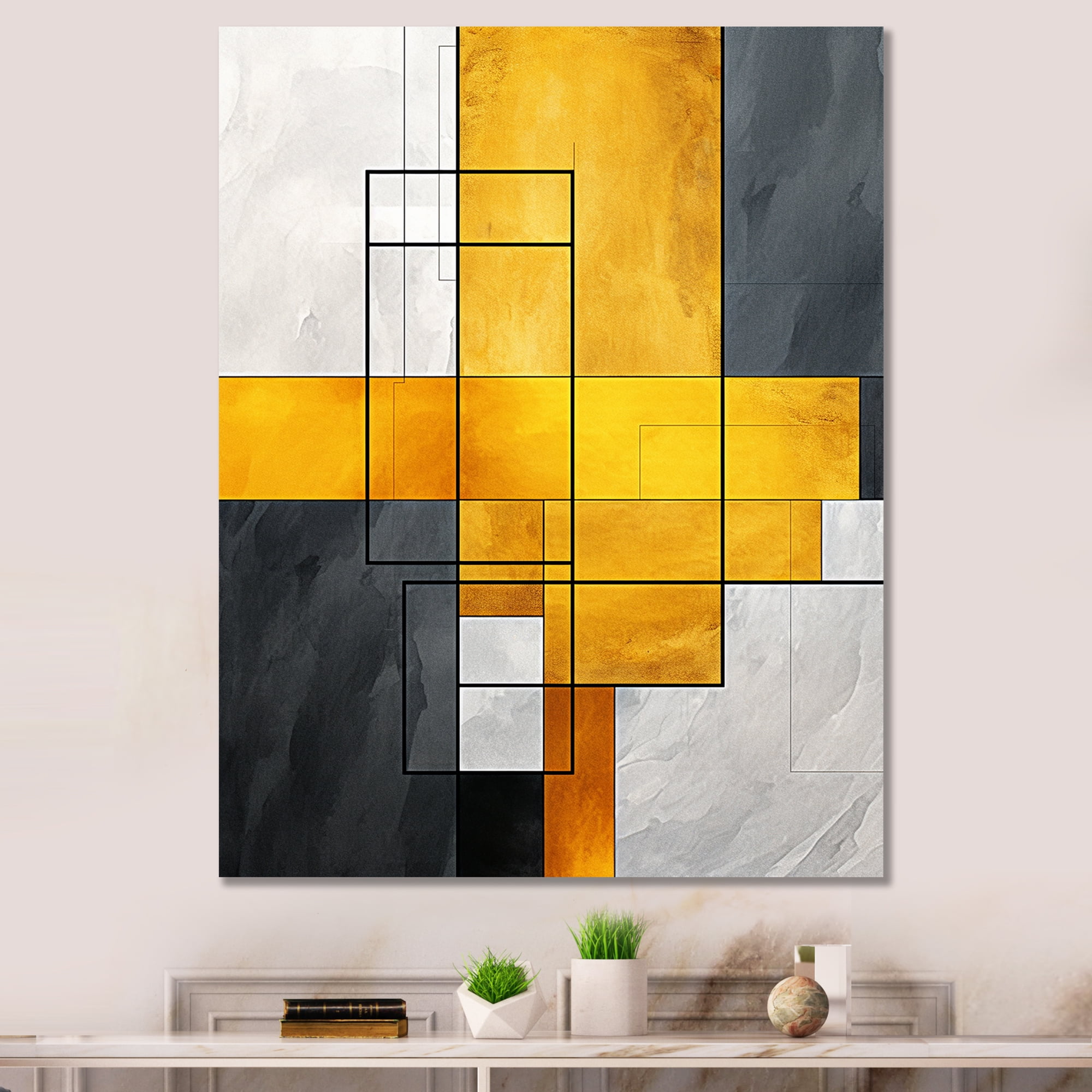 Designart "Geometric Fusion in Yellow and Grey IV" Geometric Canvas