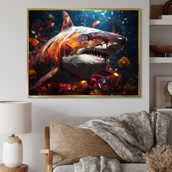 Designart "Geometric Glare Blue Shark Predators I" Animals Floater Framed Canvas Art Print