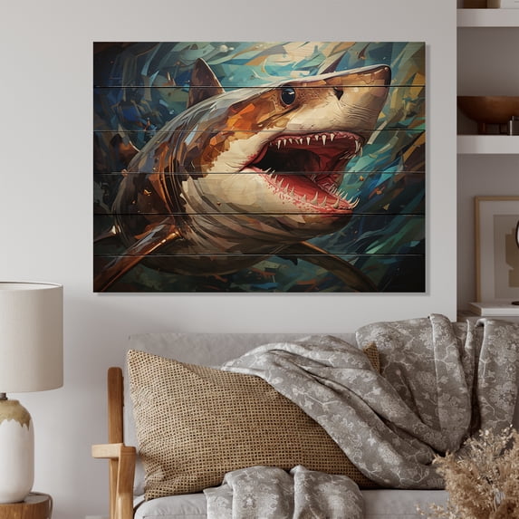 Designart "Geometric Glare Blue Shark Predators II" Animals Print on Natural Pine Wood
