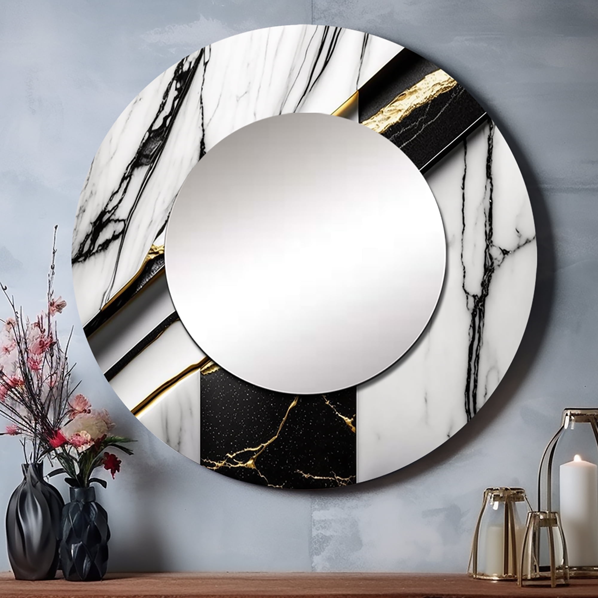 Designart "Geometric Grey Marble Geode I" Animals Round Mirror Wall