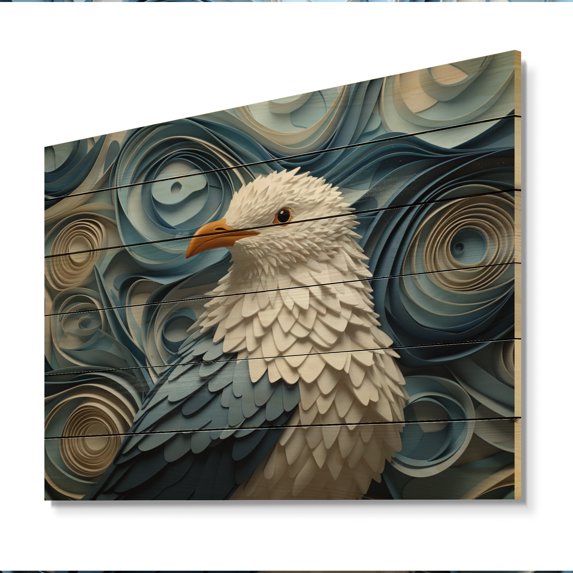 Designart "Geometric Guardian Coastal Seagull II" Animals Print on Natural Pine Wood