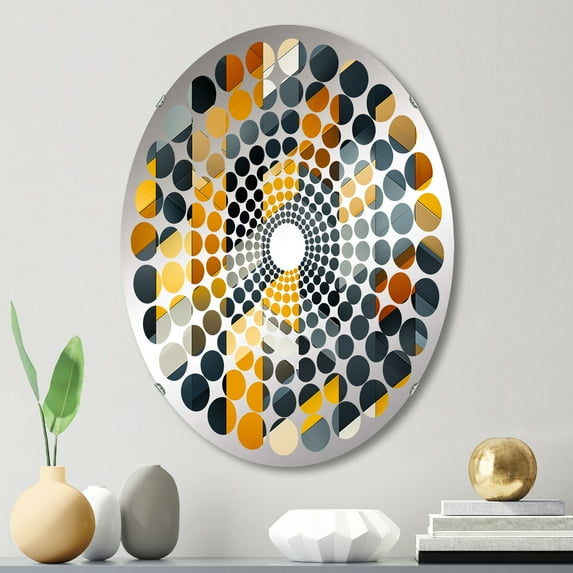 Designart "Geometric Harmony in Grey and Yellow" Geometric Radial Dot Round Wall Mirror - Oval Printed Decorative Mirror - Multiple Color Options