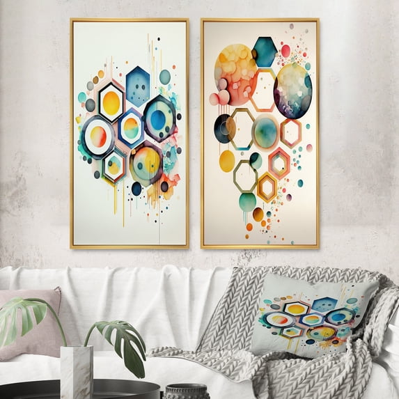 Designart "Geometric Hexagon and Circle III" Abstract Geometric Framed Wall Art Set Of 2 - Blue Geometric Framed Canvas Set For Living Room Decor