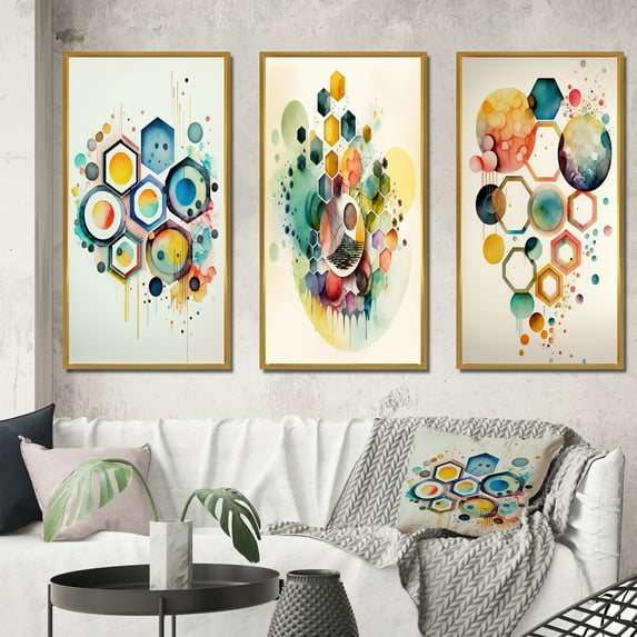 Designart "Geometric Hexagon and Circle III" Modern Framed Wall Art Set Of 3 - Blue Abstract Geometric Frame Gallery Set For Office Decor