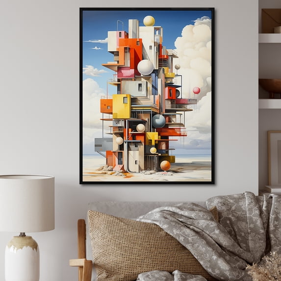 Designart "Geometric High-Rise In De Stijl Manner II" Clouds Floater Framed Canvas Wall Art