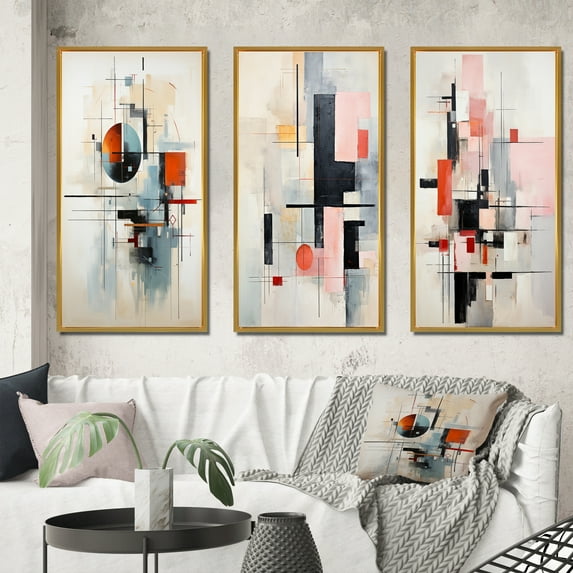 Designart "Geometric Journey Beige Blue Suprematism I" Abstract Framed Wall Art Set Of 3 - Multi-Color Suprematism Frame Canvas Set For Living Room Decor