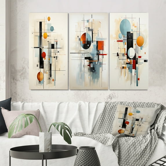 Designart "Geometric Journey Beige Blue Suprematism III" Abstract Wall Art Set Of 3 - Multi-Color Suprematism Gallery Set For Office Decor
