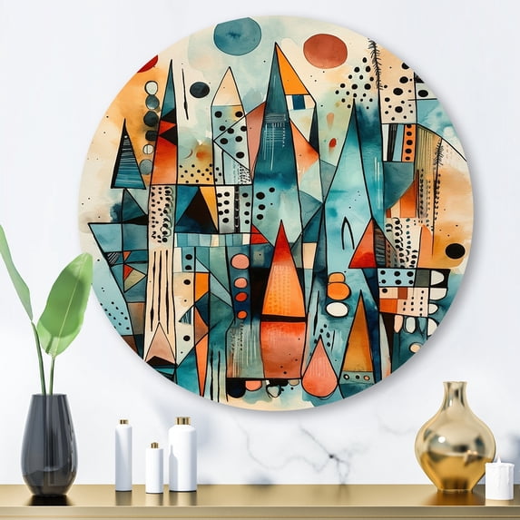 Designart "Geometric Joy I" Abstract Landscape Round Metal Art