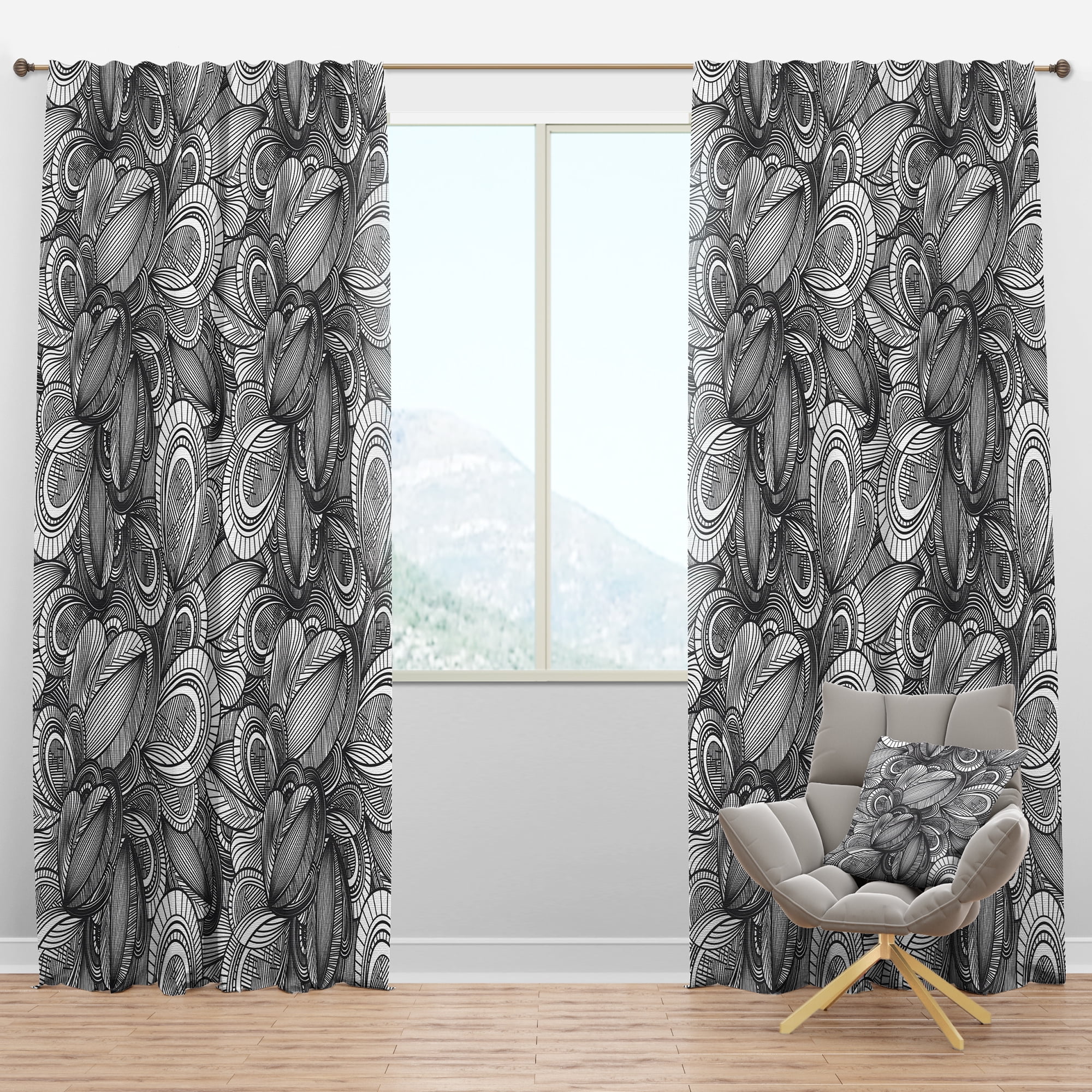 Designart 'Geometric Leaves In Monochrome' Traditional Blackout Curtain Panel