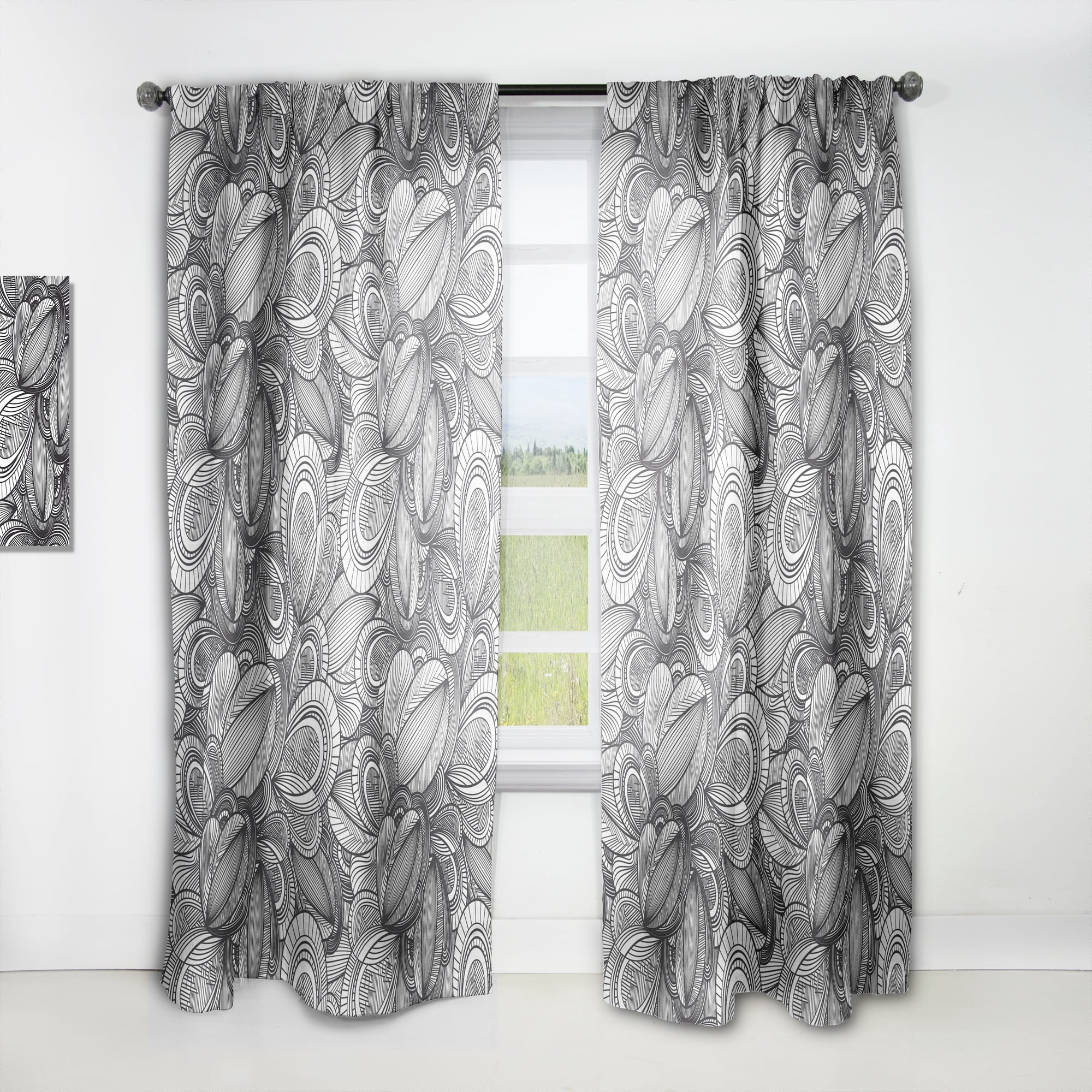 Designart 'Geometric Leaves In Monochrome' Traditional Curtain Panel