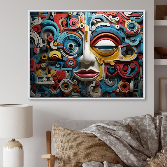 Designart "Geometric Mask In Mexican Art" Mexican Art Floater Framed Canvas Prints