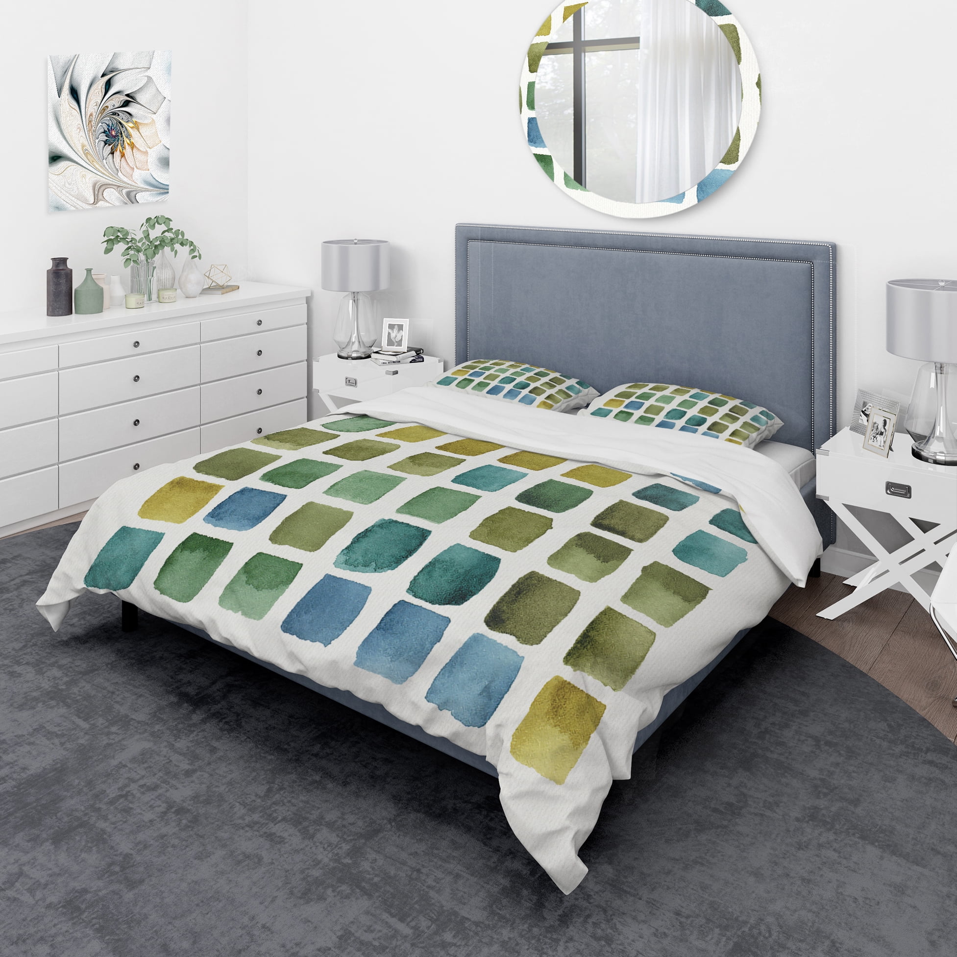Geometric Blue and Green Abstract Full/Queen Duvet Cover Set