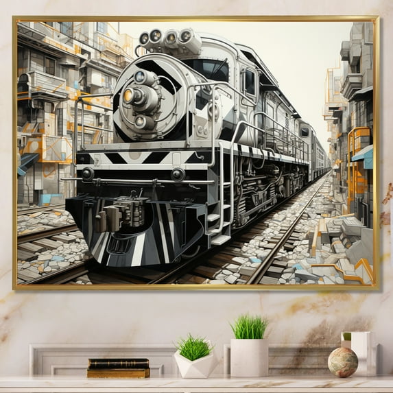 Designart "Geometric Momentum Grey Train" Transportation Floater Framed Wall Art Living Room