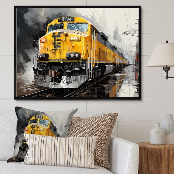 Designart "Geometric Momentum Yellow and Grey Train II" Transportation Floater Framed Wall Decor