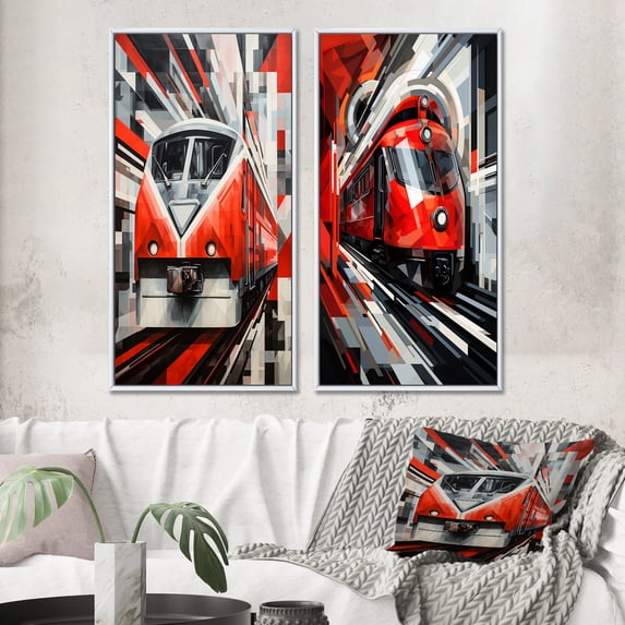 Designart "Geometric Momentum of Trains IV" Train Framed Wall Art Set Of 2 - Red Transportation Framed Wall Art Set Of 2