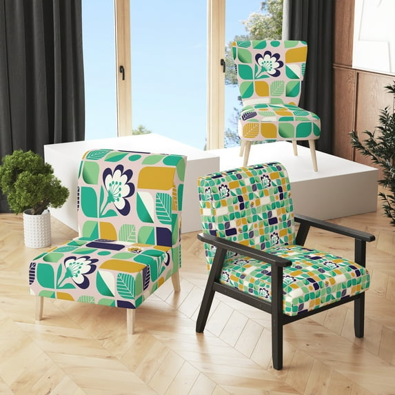 Designart "Geometric Pattern With Leaves And Flowers" Upholstered Mid-Century Accent Chair - Arm Chair