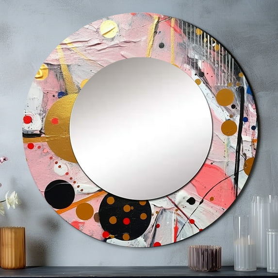 Designart "Geometric in Pink and Grey II" Modern Rund Mirror For Wall Decor - Large Pink Round Print Mirror - Round Glam Mirror 23" x 23" Inch - Wall Mounted Round Large Mirror