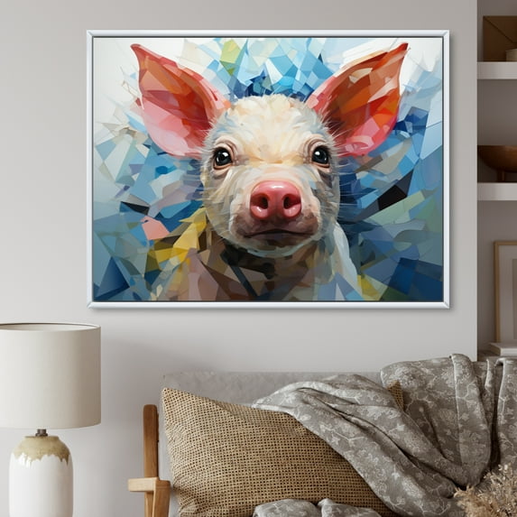 Designart "Geometric Portrait of a Pink Curious Piglet" Animals Floater Framed Canvas Art Print