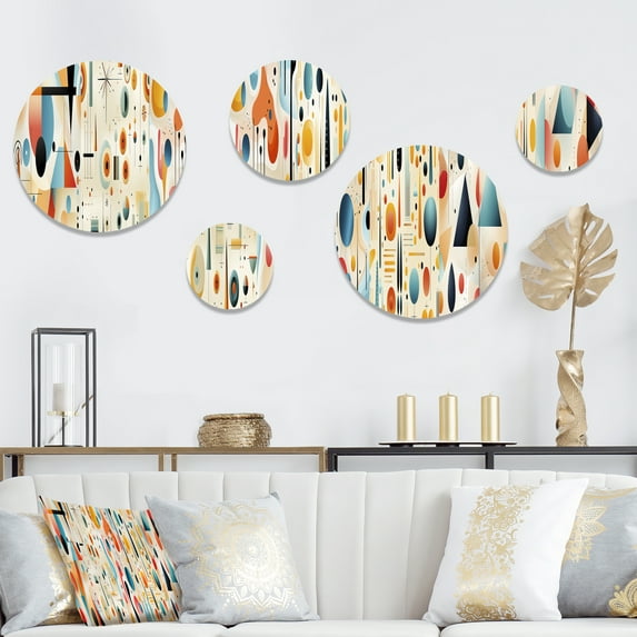 Designart "Geometric Resurgence In Midcentury Design" Geometric Round Wall Art Set Of 5 - Orange Mid-Century Office Room Wall Art Set