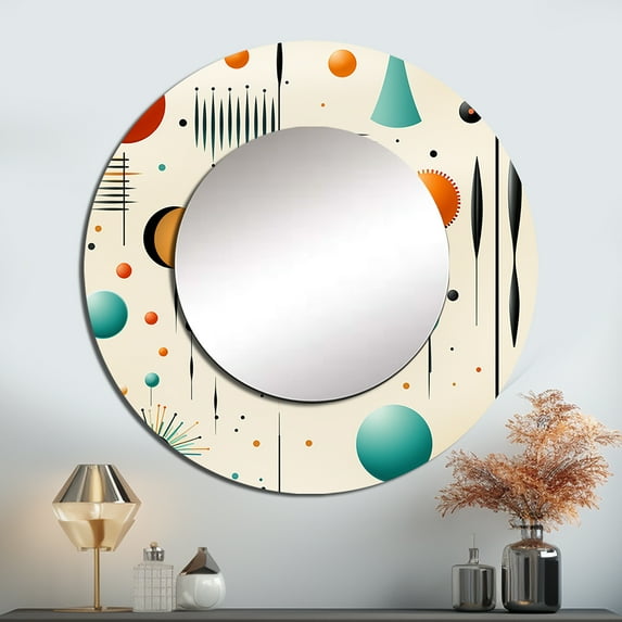 Designart "Geometric Retro Matrix In Beige" Geometric Round Mirror Wall Decor Modern - Large Beige Round Bathroom Mirror - Round Mirror - 36" x 36"