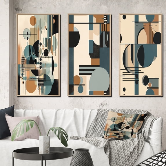 Designart "Geometric Shadows in Blue and Black V" Minimalism Framed Wall Art Set Of 3 - Blue Minimalism Frame Gallery Wall Set For Home Decor