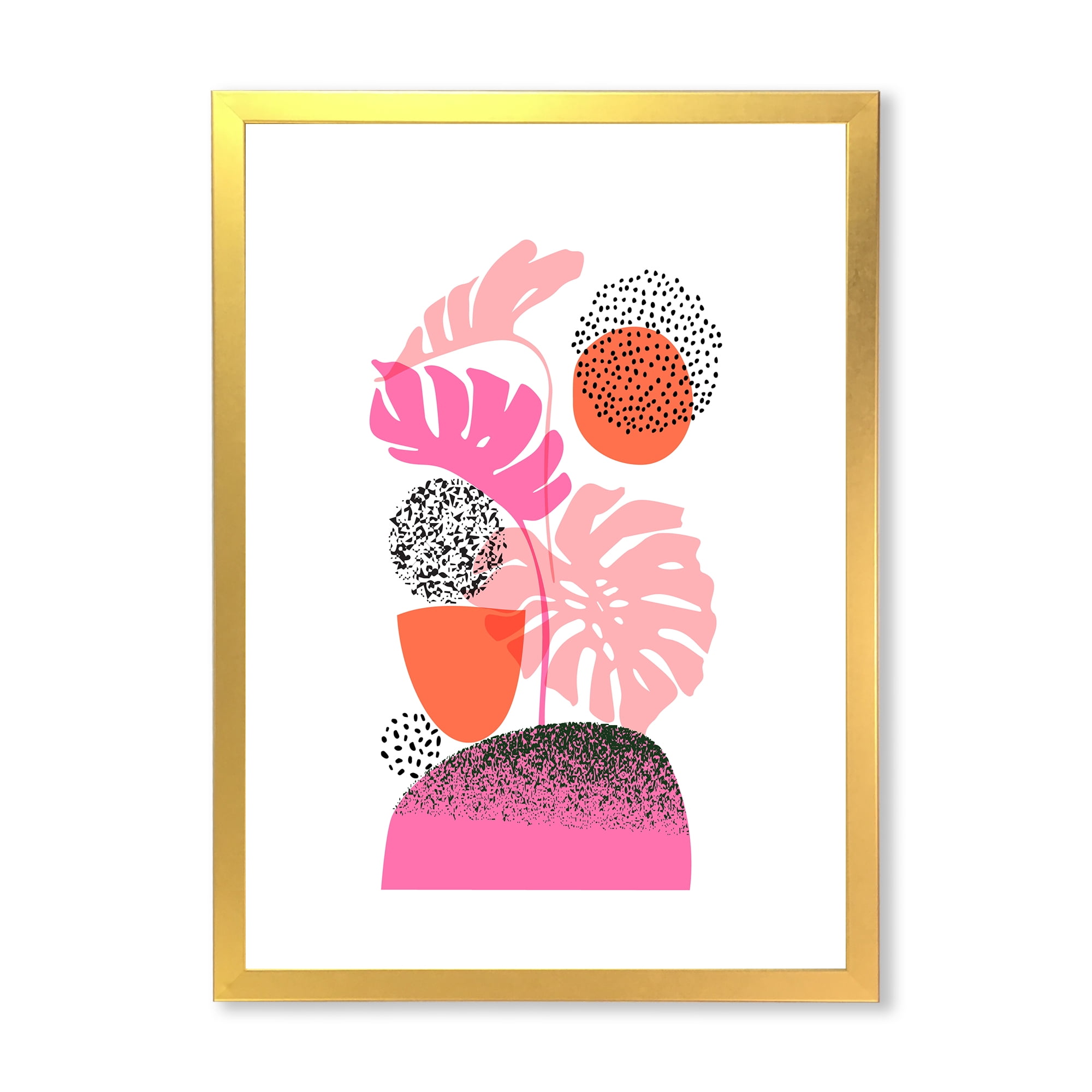 Designart 'Geometric Sun and Moon Shapes With Tropical Leaves' Modern Framed Art Print