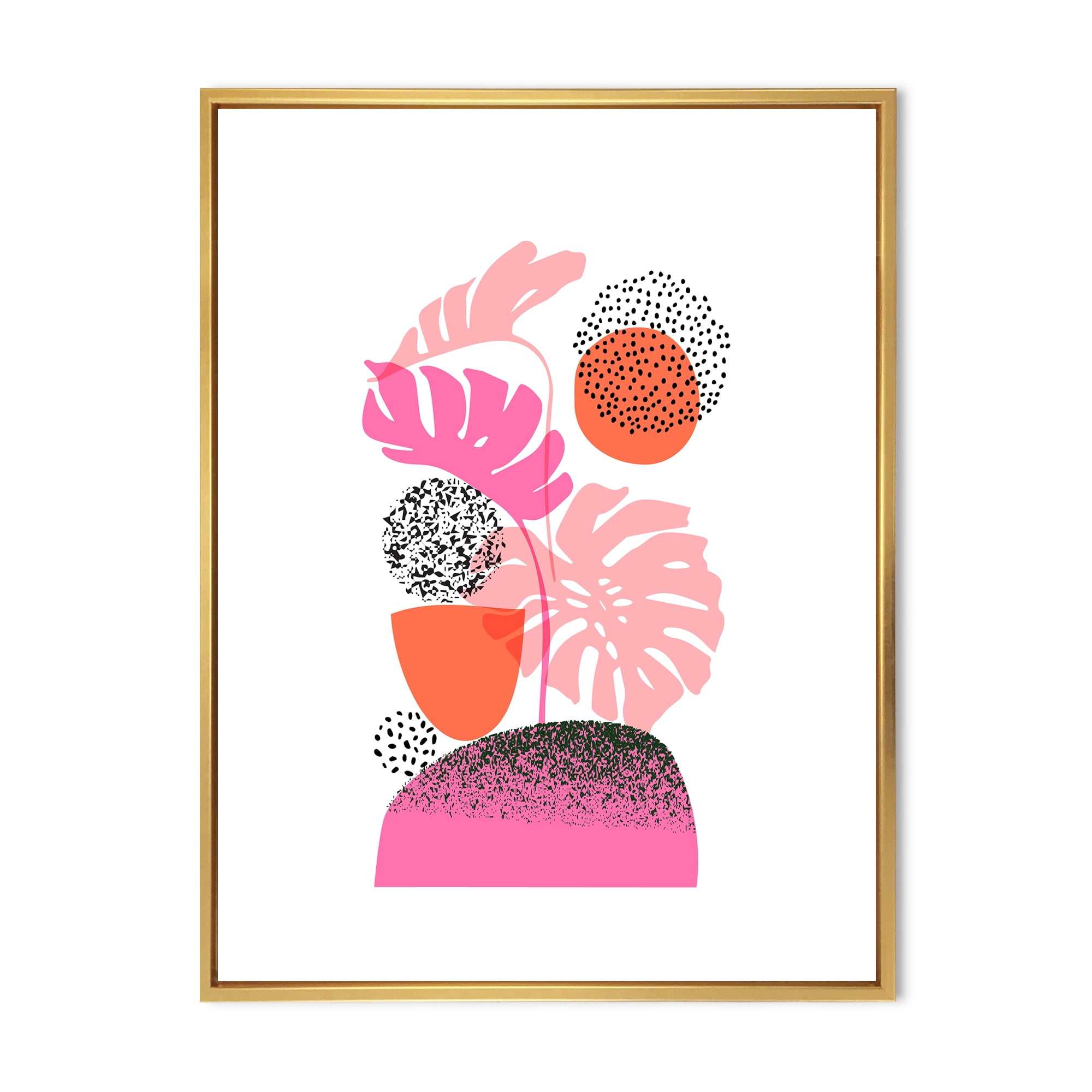 Designart 'Geometric Sun and Moon Shapes With Tropical Leaves' Modern Framed Canvas Wall Art Print