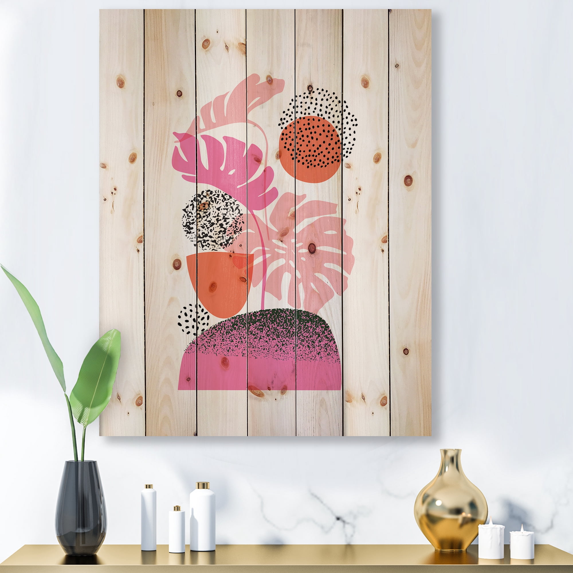 Designart 'Geometric Sun and Moon Shapes With Tropical Leaves' Modern Print on Natural Pine Wood