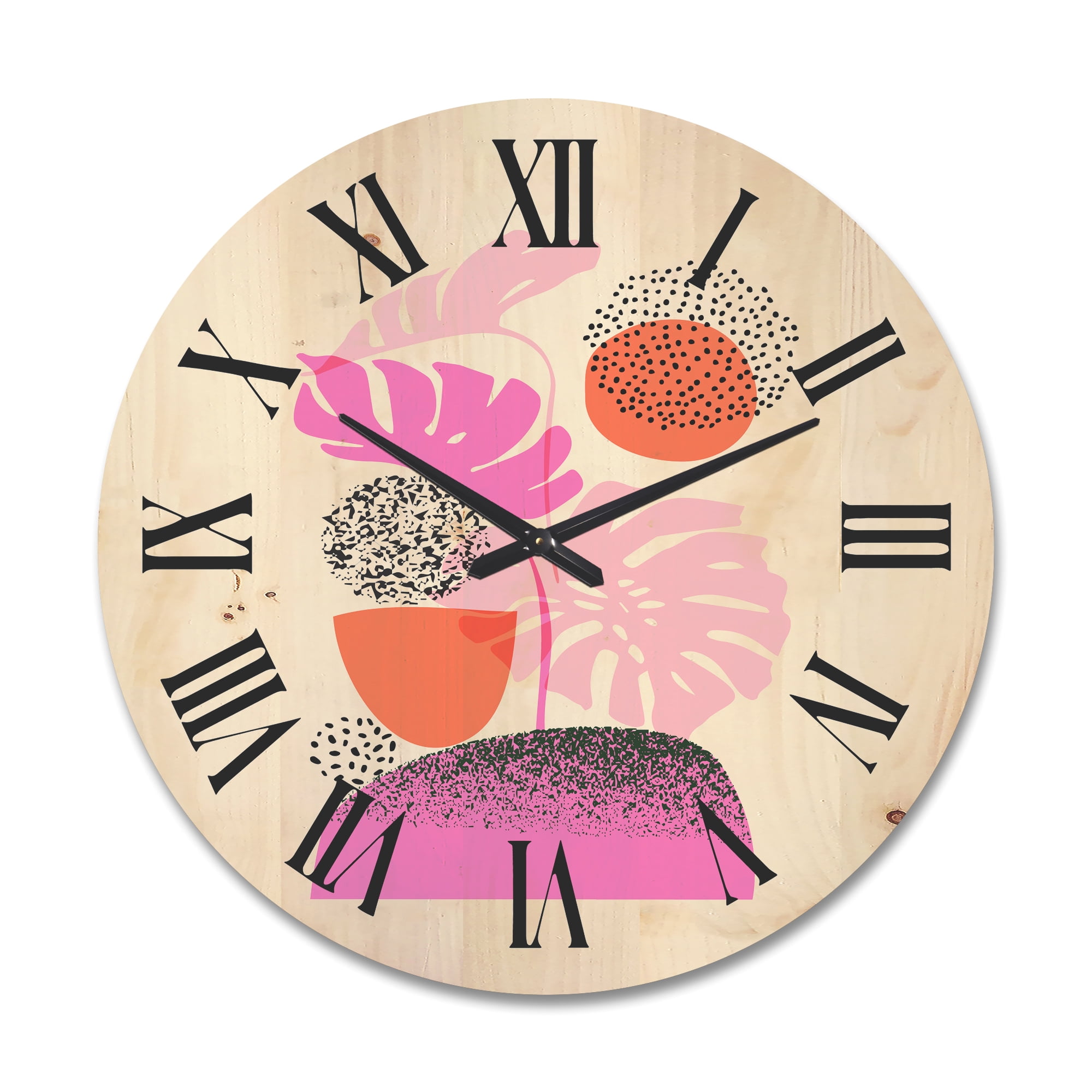 Designart 'Geometric Sun and Moon Shapes With Tropical Leaves' Modern Wood Wall Clock