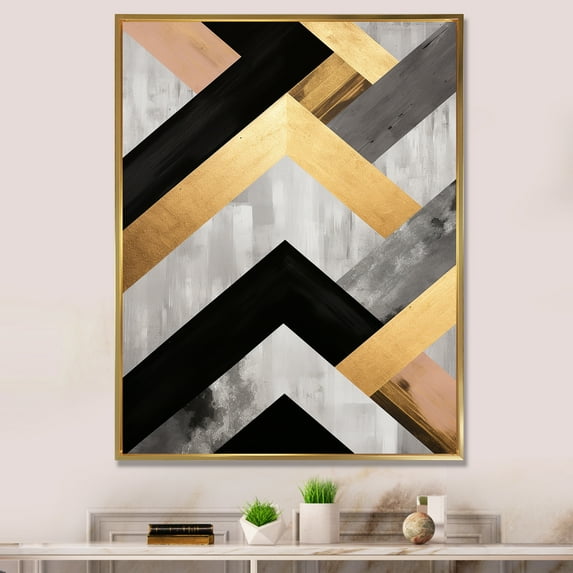 Designart "Geometric Tiles in Black and Gold IV" Abstract Framed Wall Art - Modern Gold Abstract Geometric Hallway Framed Wall Art Decor
