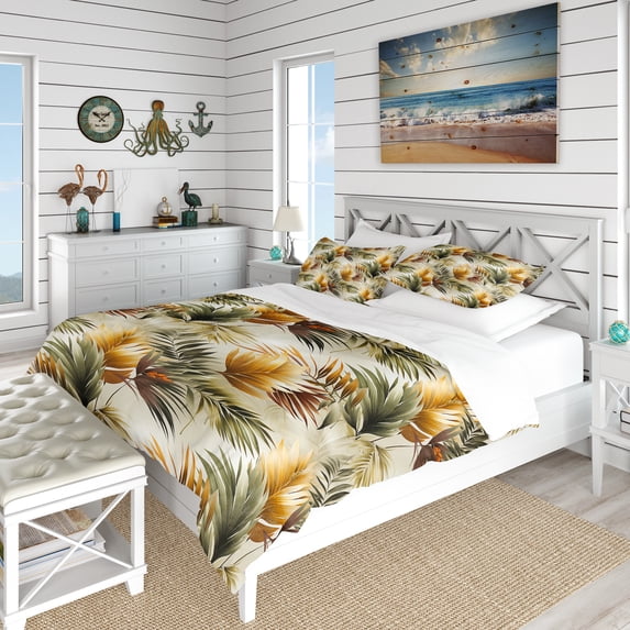 Designart "Geometric Tropics" Gold Tropical Bedding Covert Set - Tropical Bed Set With 2 Shams